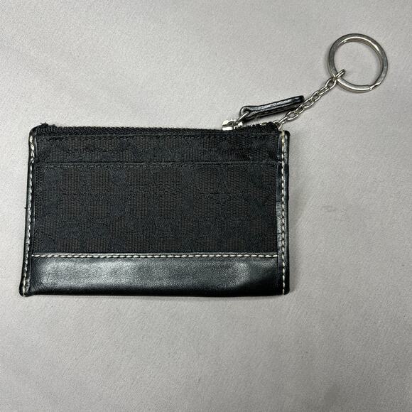 COACH Keychain Coin Purse Wallet Black Signature Jacquard & Leather Trim - Picture 11 of 12